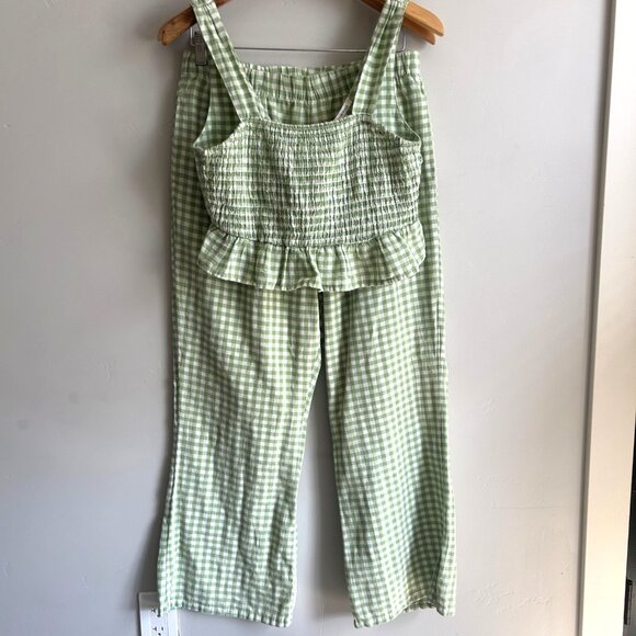 American Eagle 2 Piece Crop Top Flowy Pants Large Green Lined Gingham Hippie - Picture 2 of 16